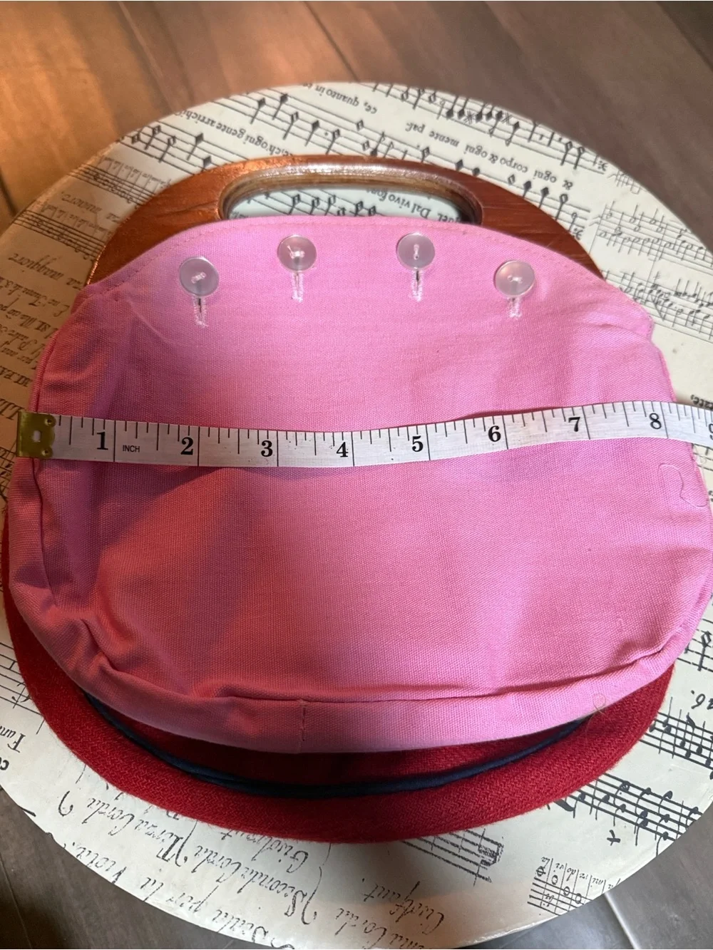 VTG Handmade Wooden Handle Pouch Bag Pink Canvas Red Wool Embroidered Whale